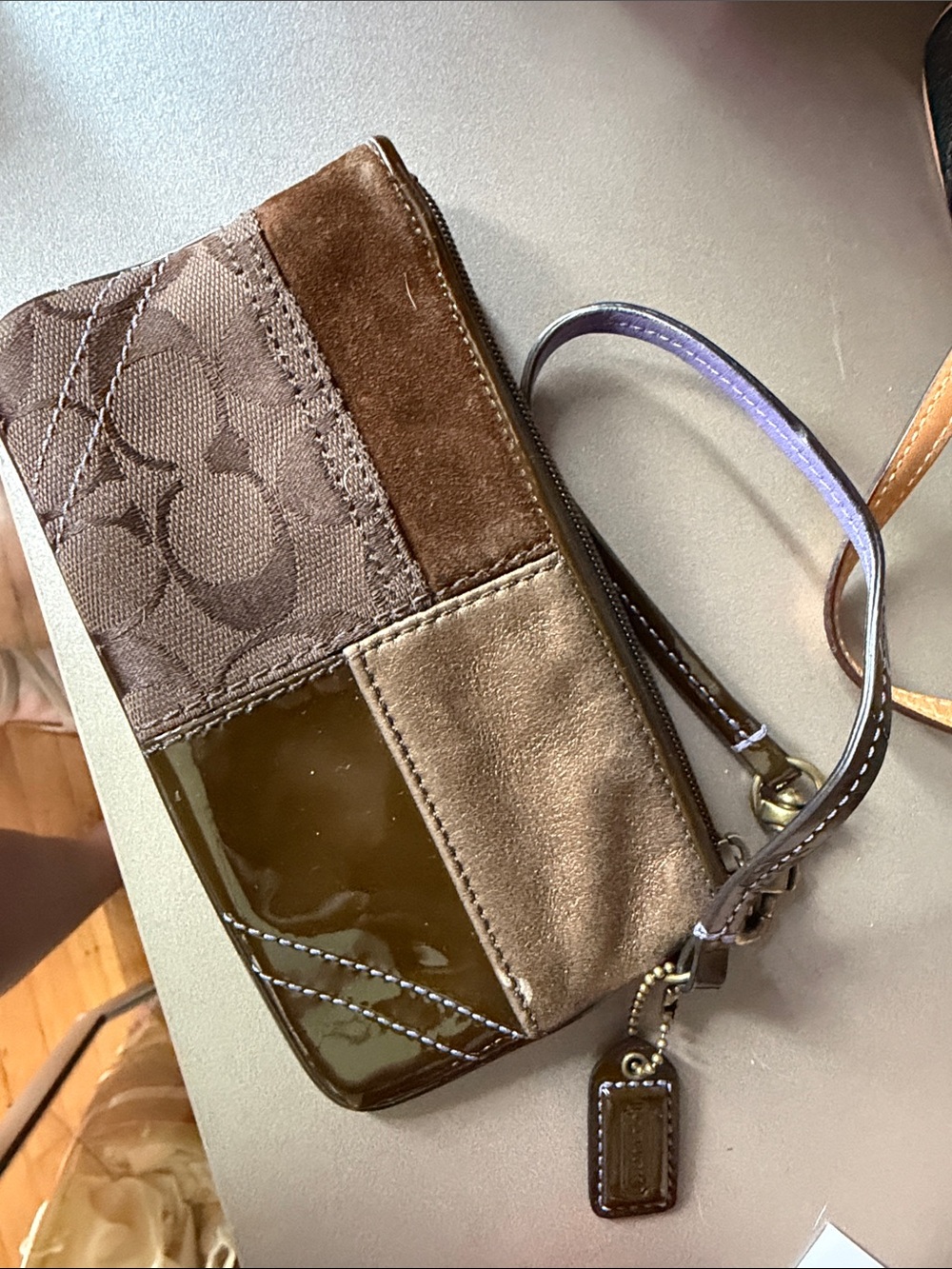 Coach Brown Patchwork Wristlet with Suede & Patent Trim